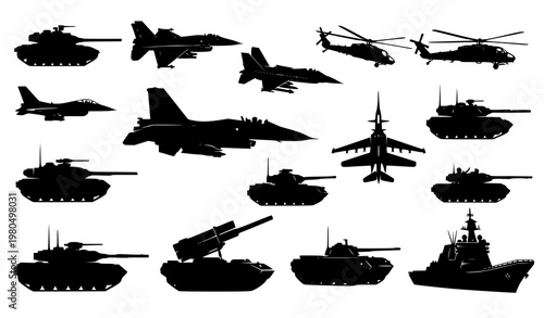 Military vehicle and aircraft silhouette vector set tanks jets helicopter warship defense