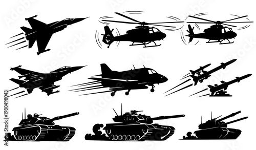Military silhouette vector set dynamic tanks jets helicopter combat defense equipment
