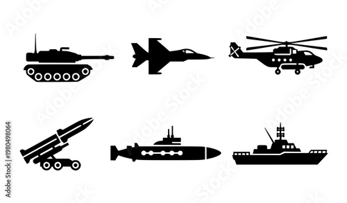 Military vehicle silhouette icon set tanks jets helicopter defense vector collection