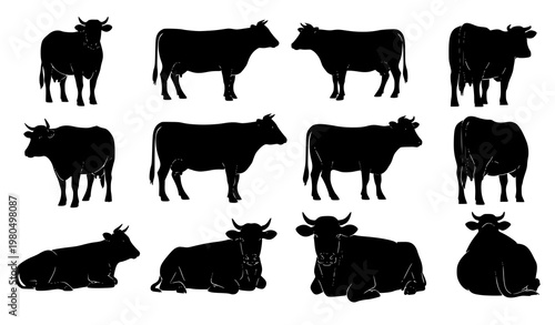 Cow silhouette vector set multiple directions livestock farm animal illustration