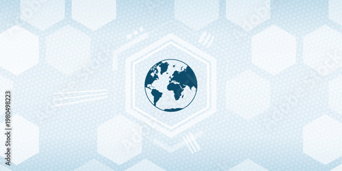 Vector World Globe Icon on Blue Hexagonal Background Global Communication and International Business Concept