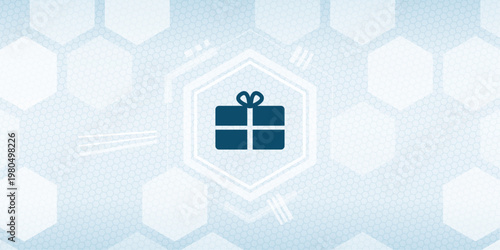 Vector Gift Box Icon on Blue Hexagonal Background Present Birthday and Holiday Celebration Concept Modern Graphic