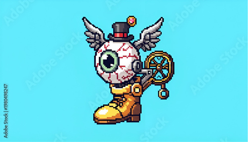 Flying Eyeball Pixel Art Character with Steampunk Hat and Wings
