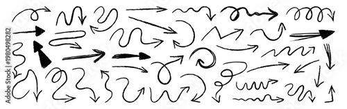 A set of hand-drawn arrows for business presentations and design elements. Sketch-style annotations and directional pointers in a doodle style for infographics. Black grunge-style 