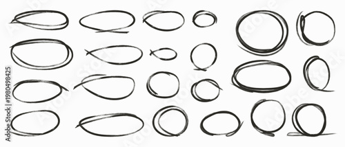 A set of hand-drawn black circles and ovals. Grunge brushstrokes for highlighting text and styling business presentations. Doodle-style elements for marking important notes in documents.