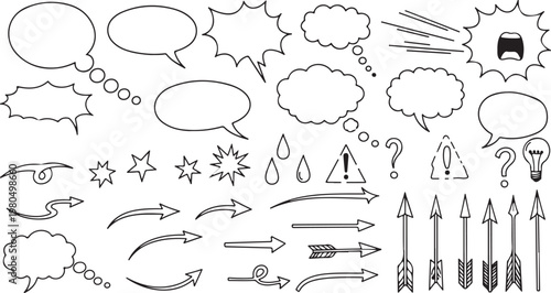 A collection of white hand-drawn comic speech bubbles, thought clouds, directional arrows, and decorative icons isolated on a black background.