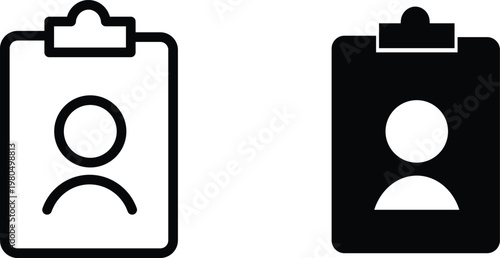Minimalist clipboard user profile icons, black outline and solid silhouette patient record symbols, medical chart vector set for UI design