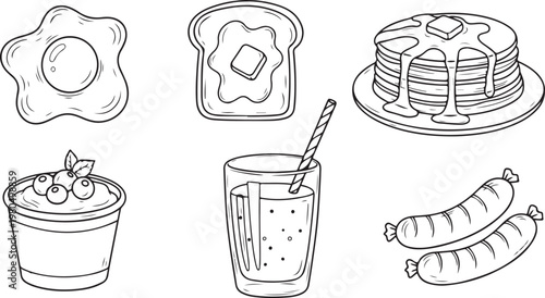 A collection of black and white hand-drawn breakfast icons including pancakes, toast, fried eggs, sausages, a smoothie, and a yogurt bowl.