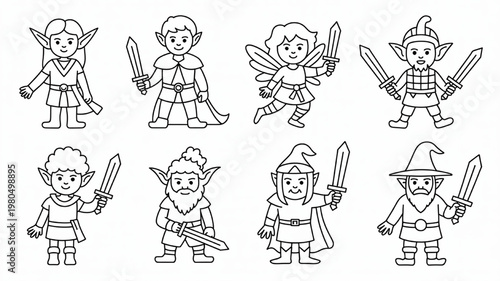 Collection of fantasy characters including elves fairies and wizards with swords simple line art for game assets and story illustration isolated on white