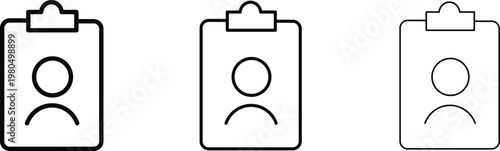 Minimalist clipboard profile icon set, black line art patient record symbols, set of 3 vector user account clipboards for business and medical apps