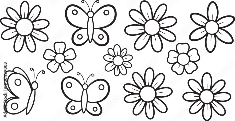 Obraz premium Flower coloring page with butterflies and sunshine for kids simple floral line art printable 