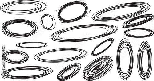 A collection of black hand-drawn oval scribbles, messy circular loops, and sketchy artistic borders isolated on a white background.