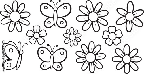 Flower coloring page with butterflies and sunshine for kids simple floral line art printable 