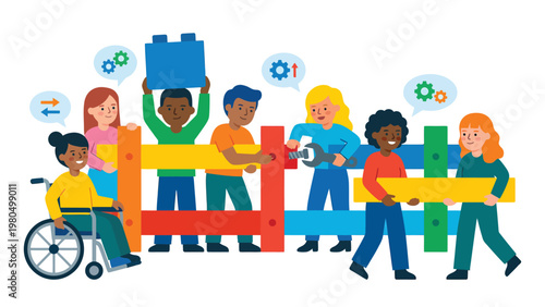 Diverse Group Collaborating to Build a Colorful Structure: Teamwork, Inclusion, and Problem Solving Concept