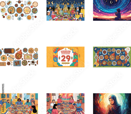Collection of ramadan themed featuring iftar meals and prayer msea set