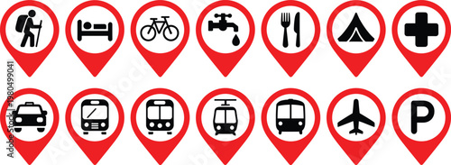 Set of red travel map pin vector icons featuring hiking camping transport hotel and restaurant symbols isolated on white background for tourism navigation and location services