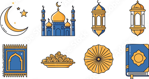 Islamic holiday set with mosque, crescent moon, lanterns, and holy quran msea set
