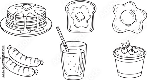 A collection of black and white hand-drawn breakfast icons including pancakes, toast, fried eggs, sausages, a smoothie, and a yogurt bowl.