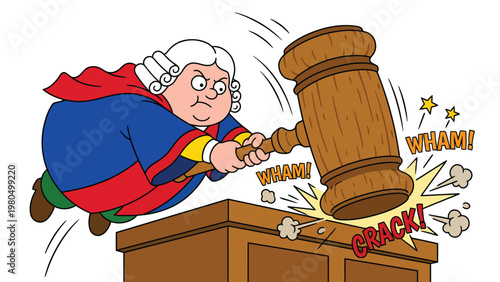 Dynamic Cartoon Judge Smashing Giant Gavel on Desk with Forceful Impact, Symbolizing Justice and Authority