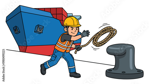 Cartoon Port Worker Throwing Mooring Rope to Secure Cargo Ship