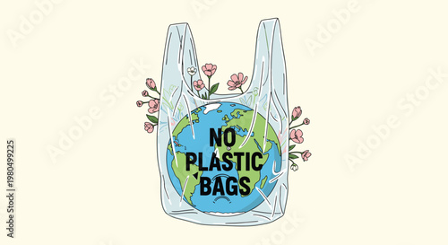 Planet earth trapped inside a translucent plastic bag with pink flowers to represent the environmental impact of plastic waste.