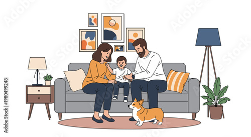 Happy family with a small child and a corgi dog sitting together on a grey sofa in a stylishly decorated modern living room.