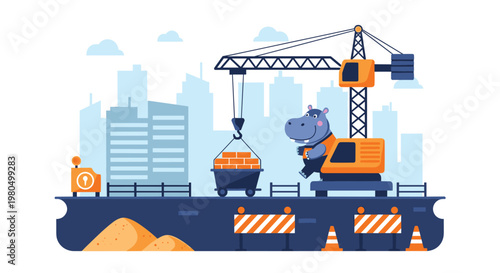 Cute hippo character operating a large yellow crane at an urban construction site with city buildings in the blue background.