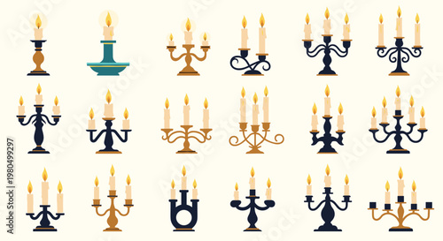 Collection of various ornate candelabras and candle holders with lit candles displayed in rows against a cream background.