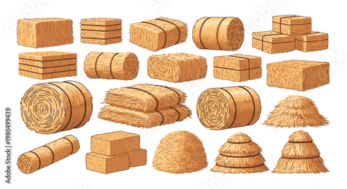 Assorted shapes and sizes of golden hay bales and stacks including round, square, and traditional farm haystacks in a collection.