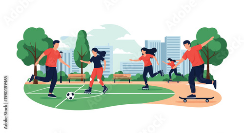 Diverse people enjoying various sports and activities like soccer, skateboarding, and rollerblading in a green urban city park.