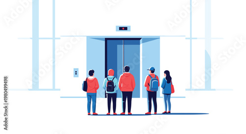 Back view of a diverse group of people with backpacks waiting for the blue doors of an elevator to open in a bright hall.