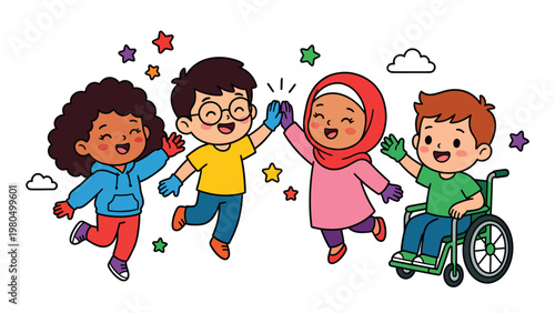 Joyful diverse kids high-fiving, symbolizing inclusion, friendship, and teamwork with colorful stars.