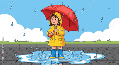 Little girl in yellow raincoat stands in puddle with umbrella