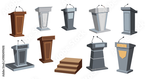 Different types of wooden and metal lecterns and podiums with microphones for public speaking events, debates, and presentations.