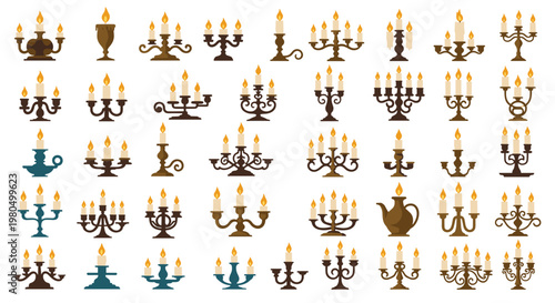 Extensive variety of vintage and modern candelabras, candle holders, and lamps with lit candles in many different styles and colors.