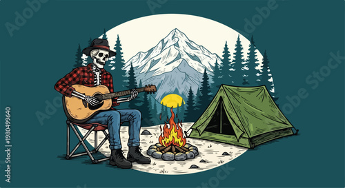 Vintage skeleton camping illustration, skull character playing guitar by campfire, outdoor mountain wilderness scene with tent and pine trees
