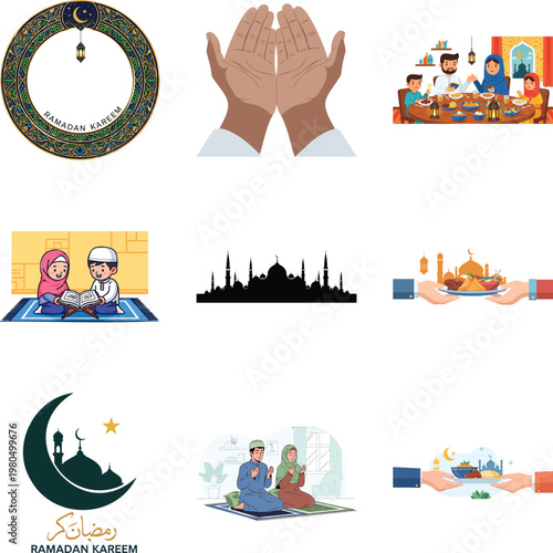 Ramadan kareem set featuring islamic traditions, prayers, and iftar meals msea set
