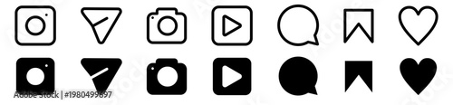 Instagram line icon set social media symbols camera reels grid like comment share repost save notification ui icons.