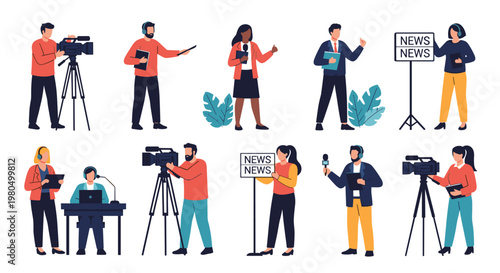 Group of various media professionals including news reporters, camera operators, and studio anchors on a white background.