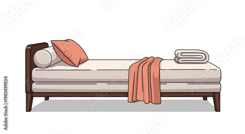 Modern minimalist daybed illustration features a wooden frame with a cream mattress, round bolster, peach pillow, and a folded throw blanket.