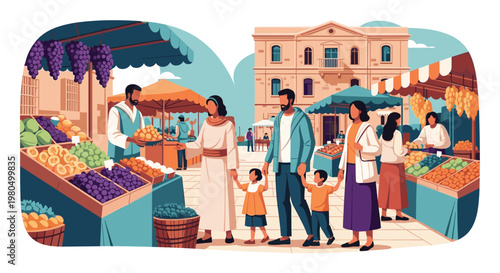 Vibrant outdoor marketplace scene depicts diverse people shopping for fresh fruits like grapes and oranges among colorful stalls in a sunny town.