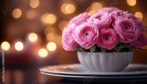 Pink ranunculus bouquet in white bowl, bokeh lights background. Use this beautiful floral image for romantic themes or celebrations.