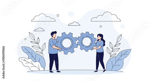 Business collaboration concept features a man and a woman working together to align two large blue gears in a serene, plant-filled setting.