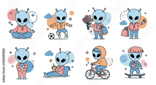 Set of cute blue extraterrestrial characters shows aliens practicing yoga, playing soccer, shopping, drinking coffee, and riding a bicycle.