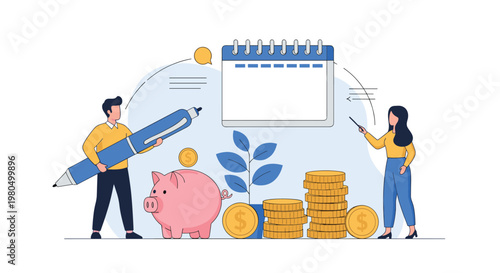 Financial planning illustration shows a man holding a large pen and a woman pointing at a calendar next to a piggy bank and gold coin stacks.