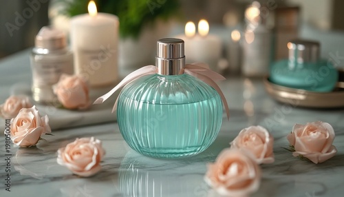 Aqua perfume bottle, with soft pink ribbon and roses on marble table. Perfect for beauty blogs, spa promotions, or product mockups.