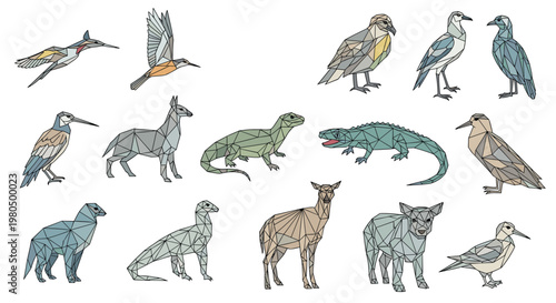Diverse collection of animals and birds features geometric, low poly designs of creatures like a deer, crocodile, and various avian species.
