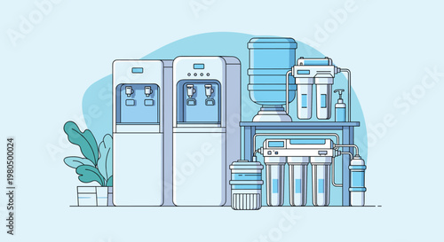 Professional illustration showcases different water purification solutions including standing dispensers, countertop filters, and reverse osmosis systems.