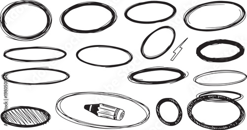 A collection of black hand-drawn oval frames, circular scribbles, and sketchy borders isolated on a white background, featuring a pencil illustration.