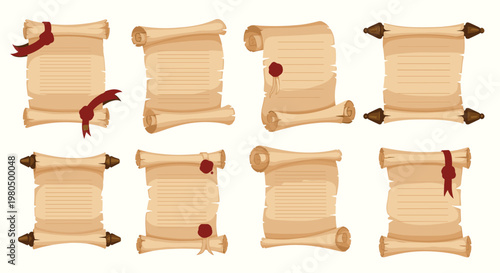 Collection of old parchment scrolls features different rolled formats with red wax seals, silk ribbons, and wooden spindles for historical documents.